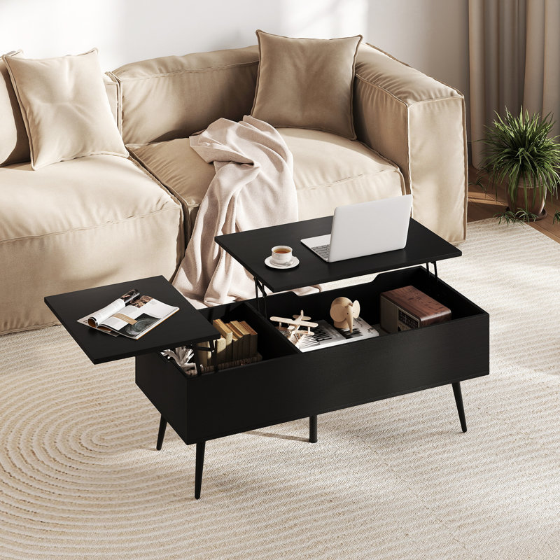 Table basse à plateau relevable avec plateau divisé et 2 compartiments cachés avec pieds fuselés en métal