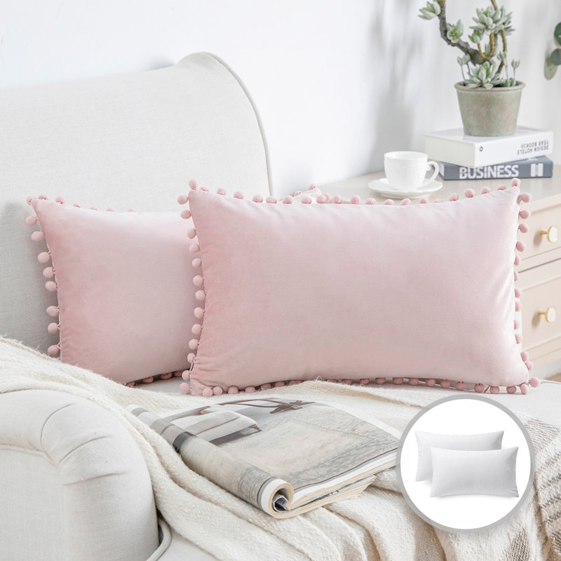 Silky Velvet Series Pom-poms Decorative Throw Pillow, Light Pink, Pillow Cover & Insert, Rectangle 12"H x20"W