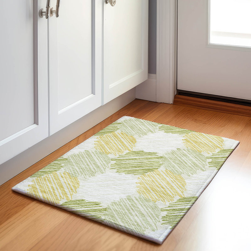 Machine Washable Indoor/Outdoor Xhevrie Green Rug, Rectangle 1'8" x 2'6"