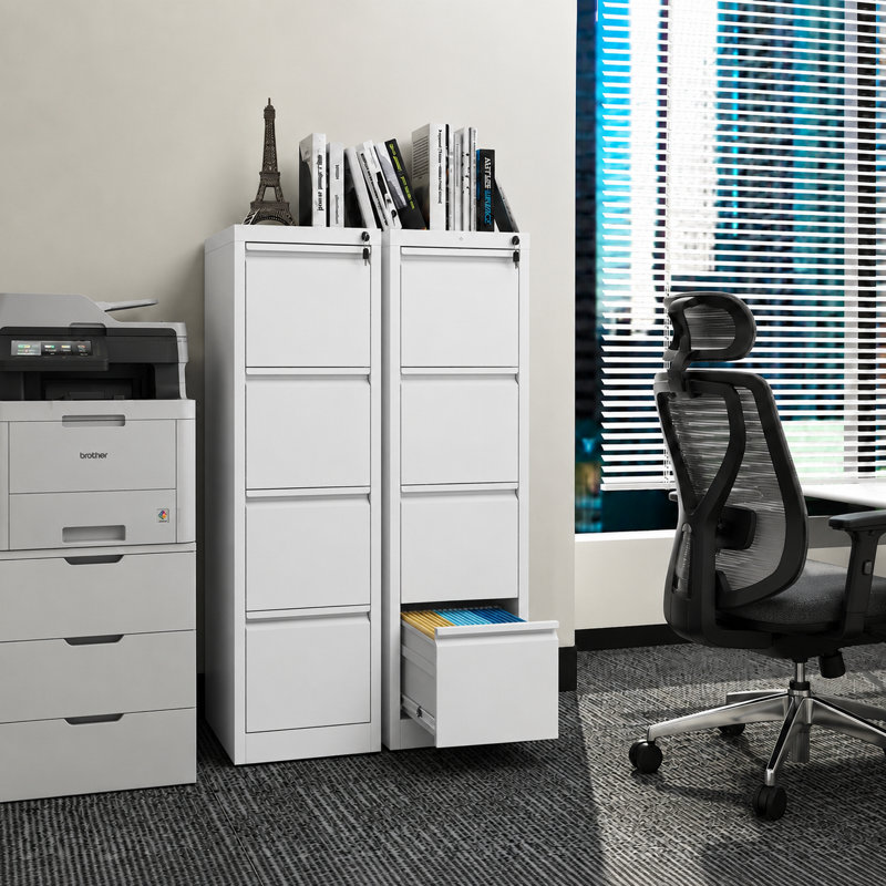 Bizoe White 4-Drawer Vertical Metal File Cabinet with Lock, Letter Legal A4 Hanging Files, Full Extension Drawers for Home Office