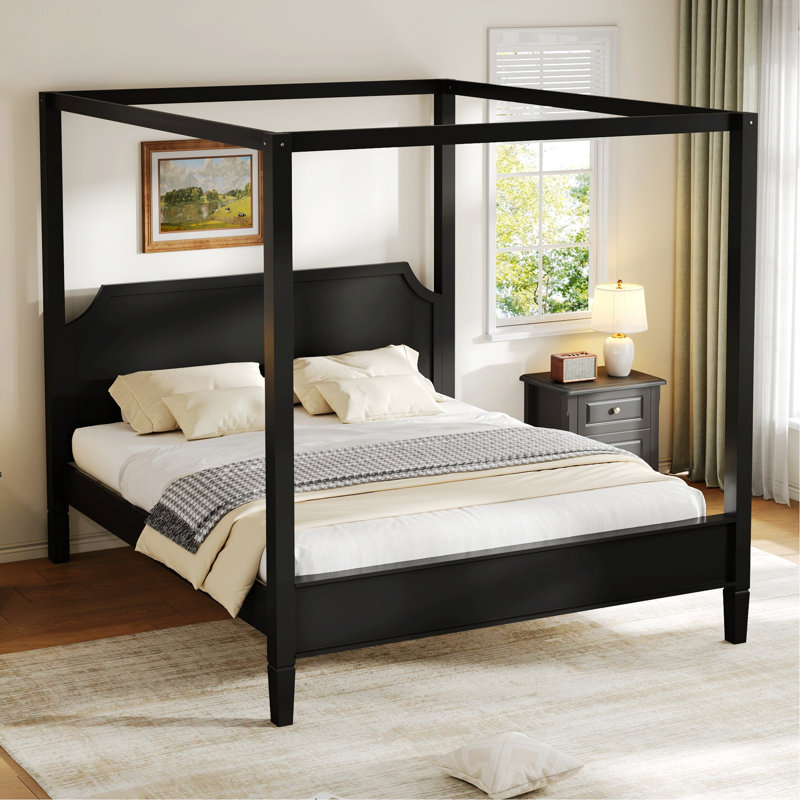Lit plateforme à baldaquin en bois avec tête de lit et pieds de soutien, cadre de lit pour chambre à coucher, Grand lit, Noir