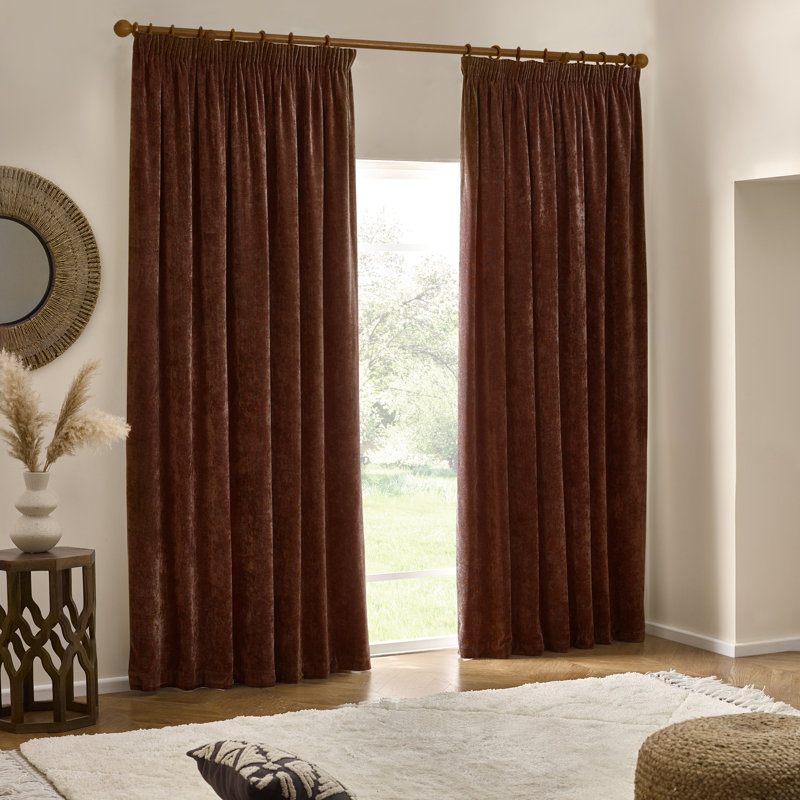 Heavy Chenille Room Darkening Pencil Pleat Curtains, Brown, 168 W x 229 D cm