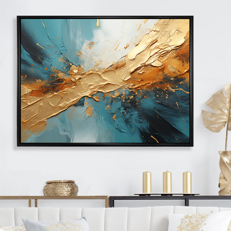 «Gold Turquoise Desert Mirage Spiral I» sur toile, Cadre flottant noir, H 34 po x l 44 po x P 1,5 po