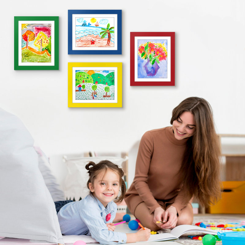 Merranda Frame for Kids Art 10x12.5 inches with 8.5x11 inches Mat - Wood with Glass - Multicolor