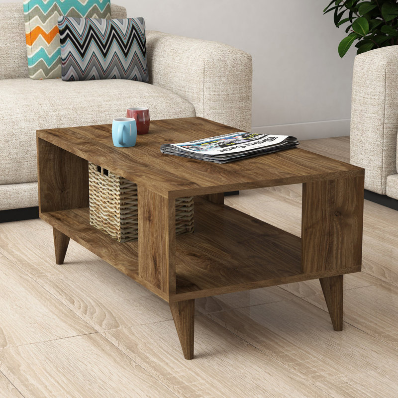 Table basse moderne à 2 niveaux, couleur noyer, 35,4 po x 21,3 po x 16,5 po | 100% panneau de particules enduit de mélamine, épaisseur: 0,7 pouce | Pieds en plastique durable, fixation murale, conception élégante pour le salon et le bureau