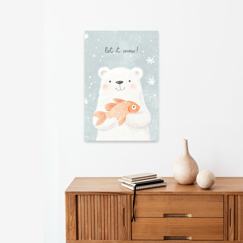 Let It Snow Bear Abstract Contemporary Bear Fish Winter Landscape Wall Art Print by Mathieu - Wrapped Canvas Print