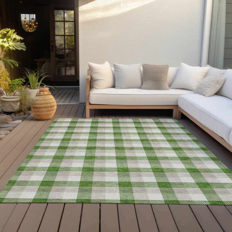 Emerald Green and Beige Plaid Washable Synthetic Area Rug