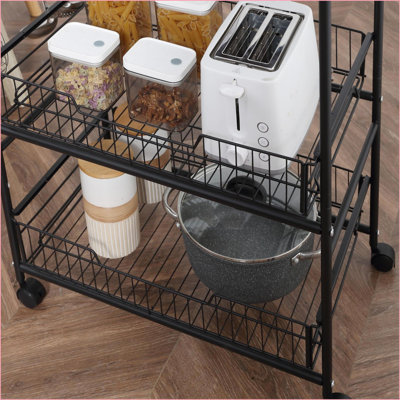 Kitchen Cart with Storage Baskets &amp; Hooks, Rolling Island on Wheels | Walnut Brown | MDF+Metal