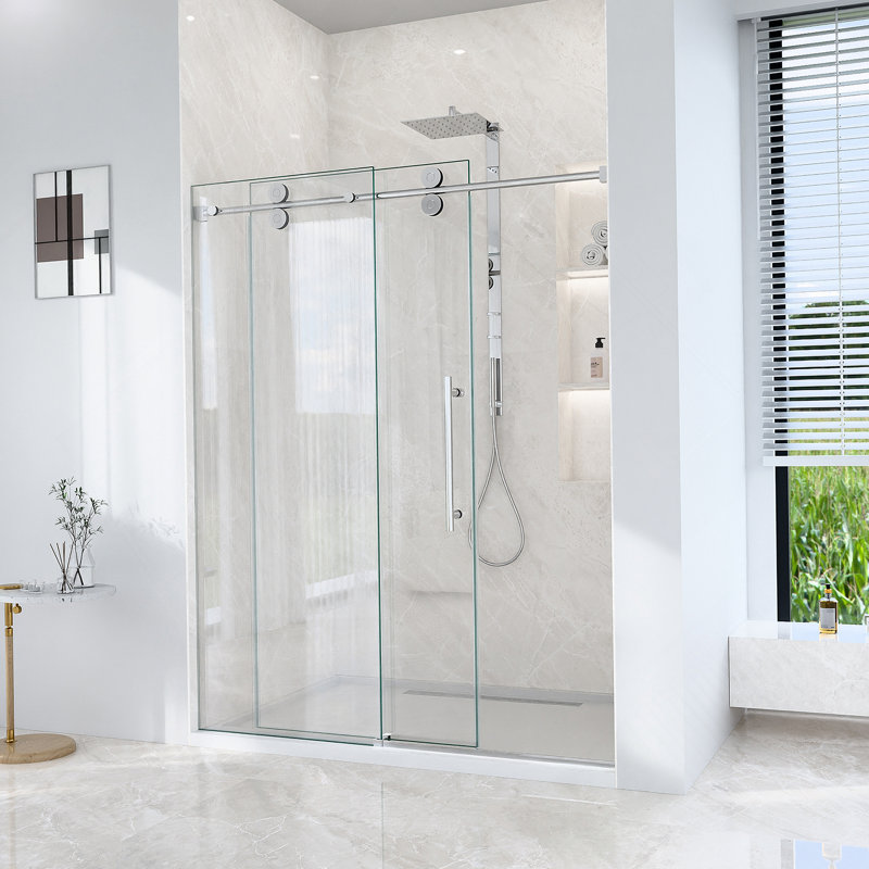 56"-60"W*72" H Frameless Single Sliding Shower Door – 5/16" (8Mm) Clear Tempered Glass, Bypass Design With Chrome Finish
