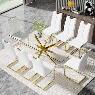 Ensemble de table de salle à manger moderne en verre 71 po avec chaises de luxe en similicuir