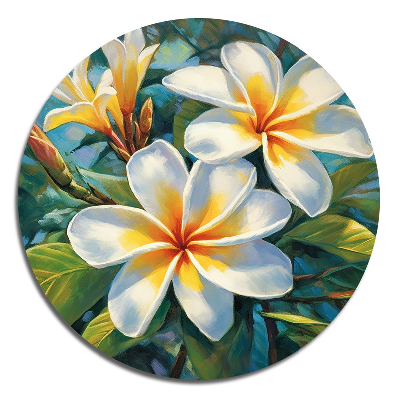 Plumeria blanc symphonie magique - art floral rond en métal, H 16 po x l 16 po