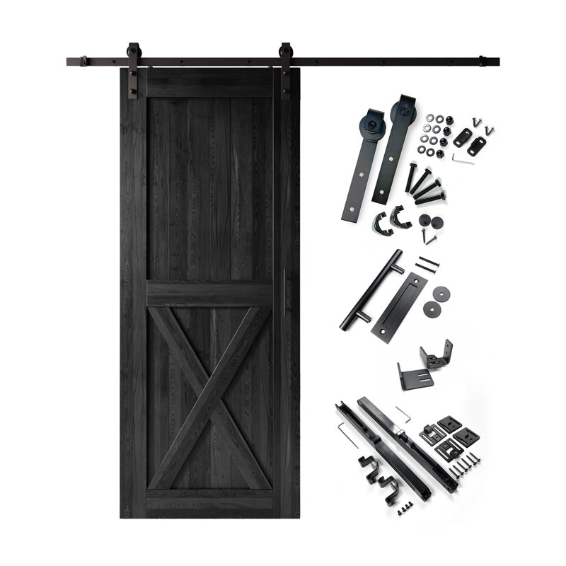 Porte de grange en X non assemblée et en finition noire de 84 po de hauteur avec ensemble de quincaillerie d'installation sans dérivation Homacer, usage intérieur seulement