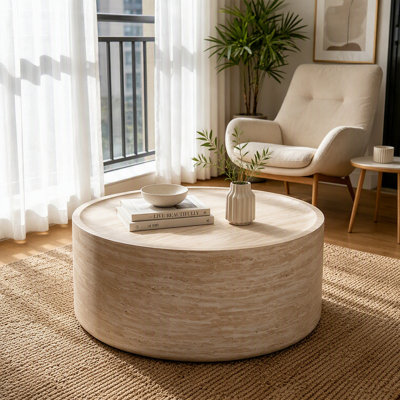 Table basse ronde de 31,5 po avec motif Mars pour le salon, table basse tambour moderne pour le salon, sans assemblage (motif Mars)