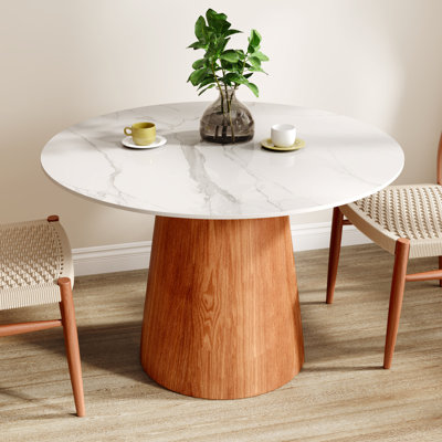 Petite table de salle à manger ronde sur pied en bois massif de 43 po pour 2 à 4 personnes - blanc gris
