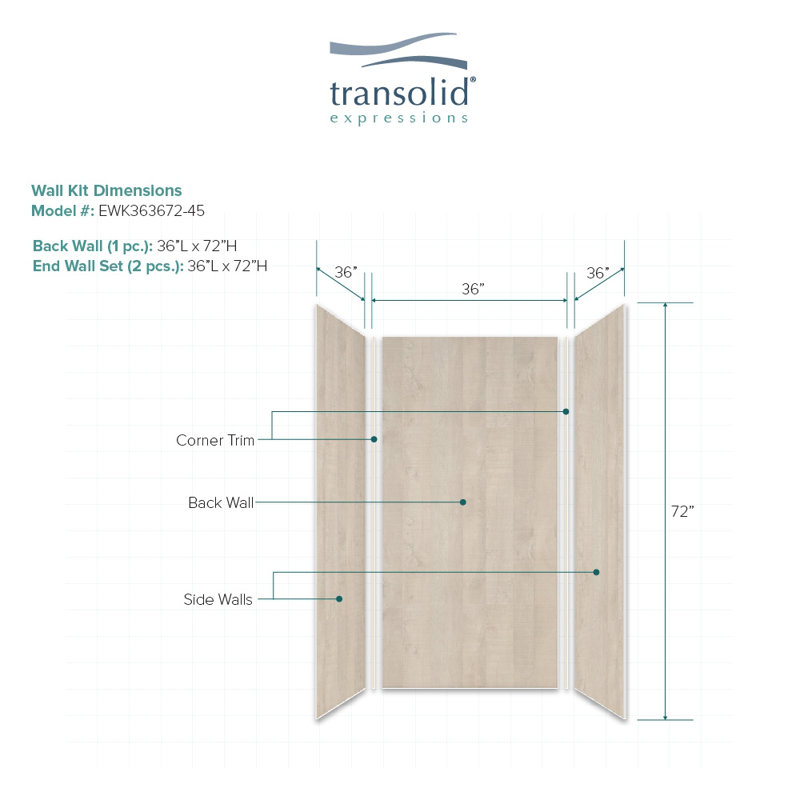 Paroi de douche à 3 panneaux l 48 po x P 36 po Expressions, Chêne blanchi, H 72 po x l 36 po x P 36 po