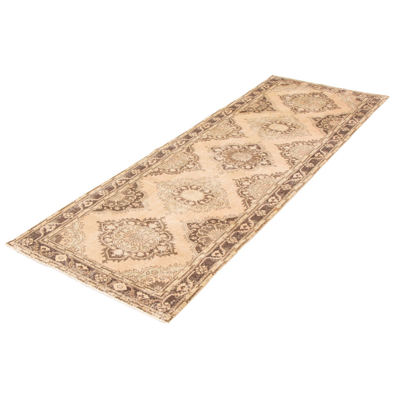 Tapis de couloir brun en laine noué à la main de conception unique 4 pi 6 po x 12 pi 8 po années 1990 Moureaux