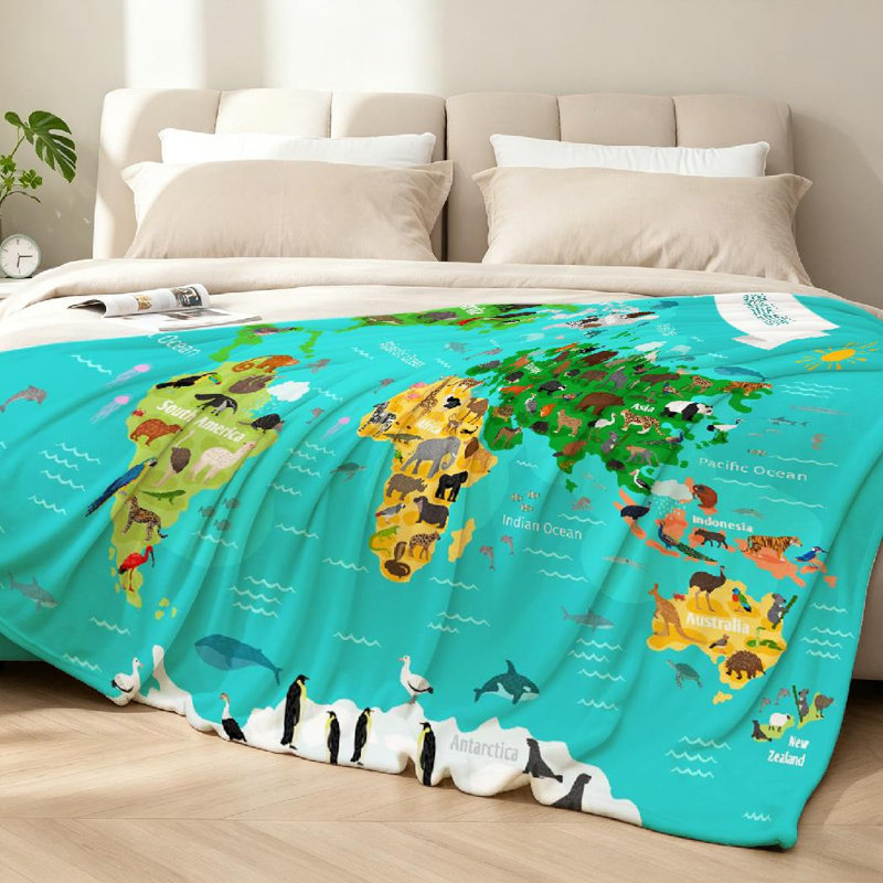 Jeté en flanelle transparente molletonné, imprimé mappemonde avec animaux, Twin 60" x 80"