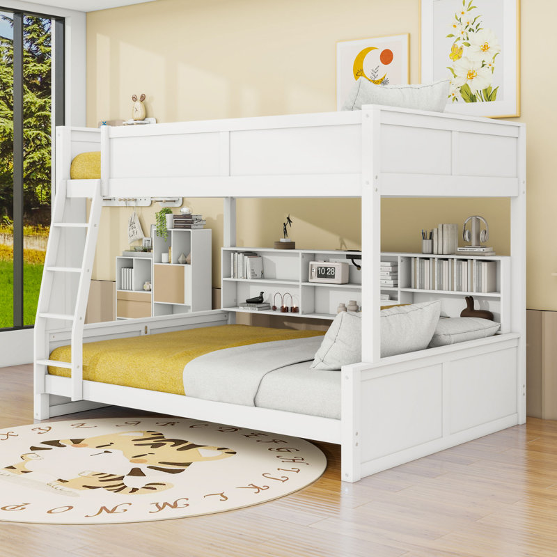 Wood Bunk Bed With Built-In USB Ports And Shelves,Ladder, Antique White, Full XL Over Queen