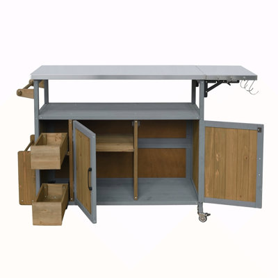 54.33" Farmhouse Rolling Outdoor Kitchen Cart, Solid Wood Frame With Stainless Steel Top, Spice Rack, Towel Rack, Lockable Wheels & Multi-Functional Storage For Patio, Backyard BBQ & Kitchen