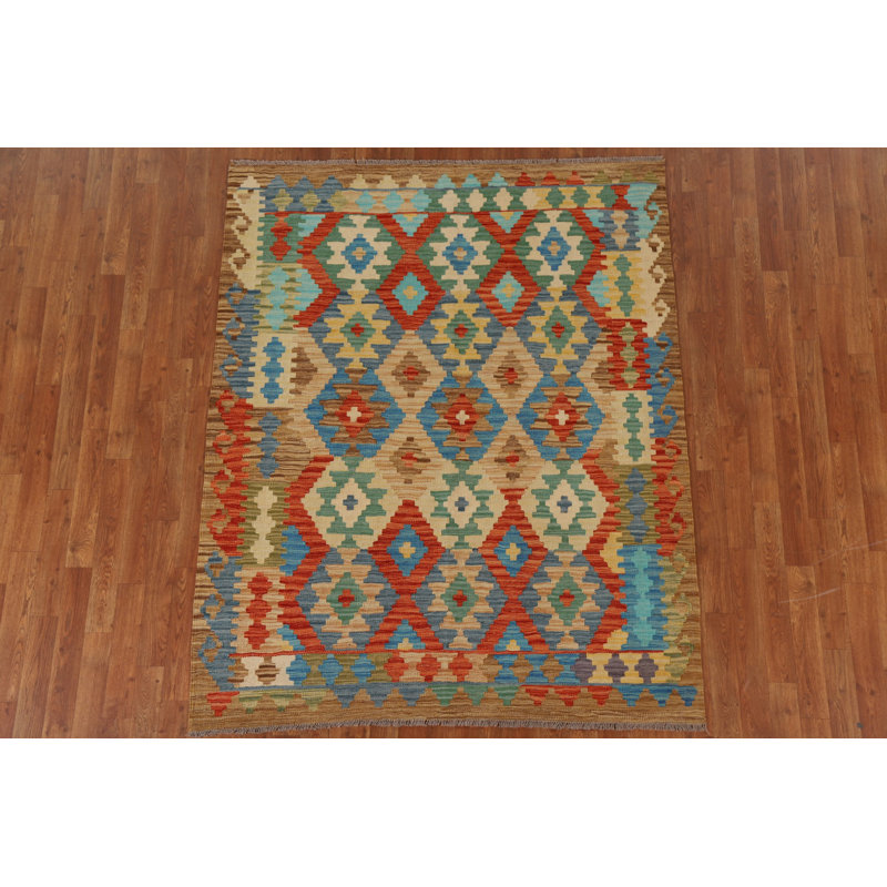 Tapis vert / rouge / bleu en laine tissé à plat à la main Ikat
