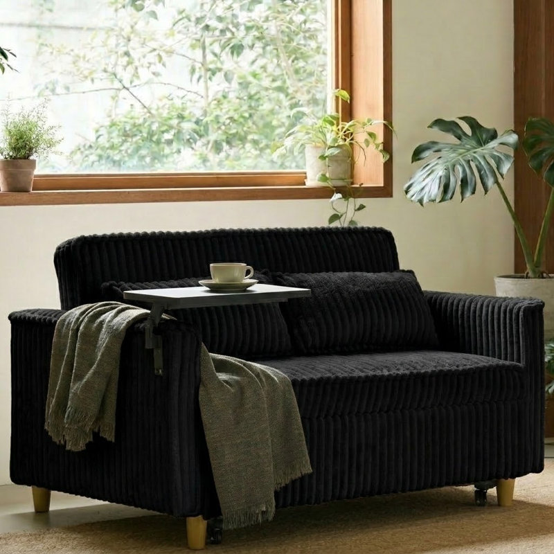 Corduroy Upholstered Convertible 2-Seater Sofa Sleeper Sofa Bed with USB Ports and Integrated Side Table, Yellow