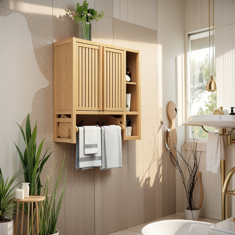 Armoire de salle de bain murale en bambou Savinr avec porte et tablette