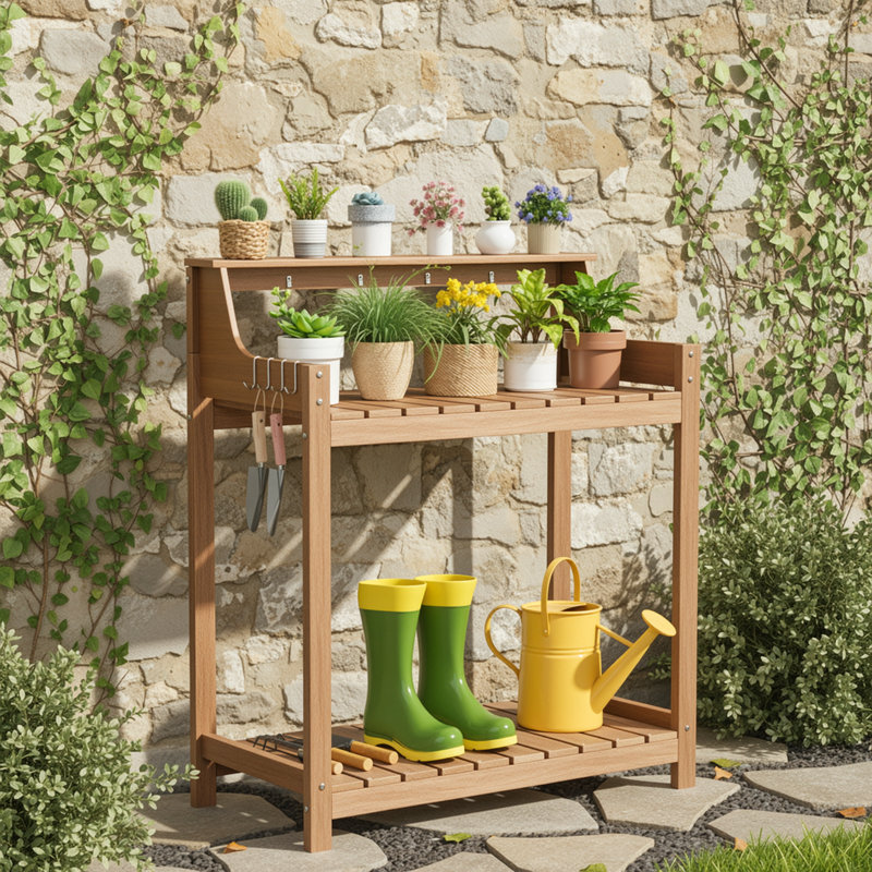 HDPS 3-layer Outdoor Garden Potting Bench Table with 4 Side Hooks