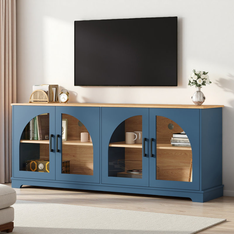 Buffet 66,9 po avec rangement, meuble télé de style campagne avec 4 portes en verre semi-arquées, buffet grain de bois avec tablettes réglables et gestion des câbles