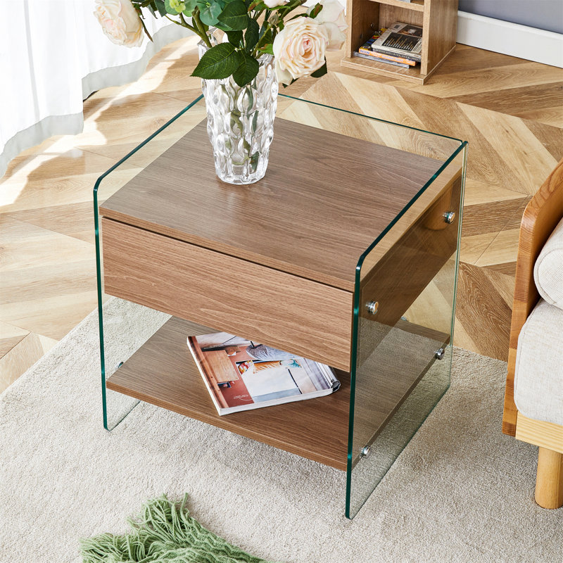 Drawer nightstand: mdf surface with stickers, tempered glass sides, sleek design, efficient storage for bedroom (108 characters)
