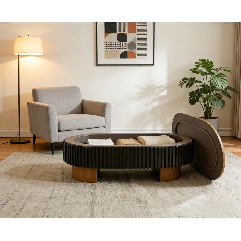 43.7 Elliptical living room coffee table with hidden storage and removable tabletop, Brown Tabletop