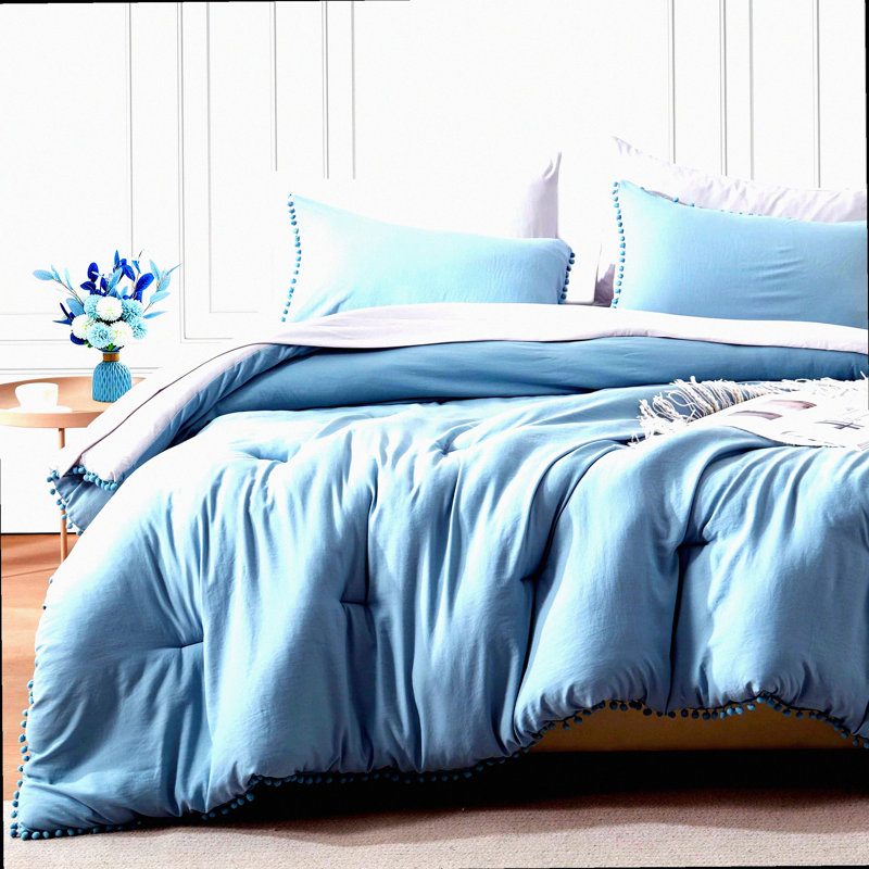 Pom Pom Fringe Comforter Set - 5-Piece Reversible Bed in a Bag with Sheets & Pillowcases - Cozy Bedding Set for Beds
