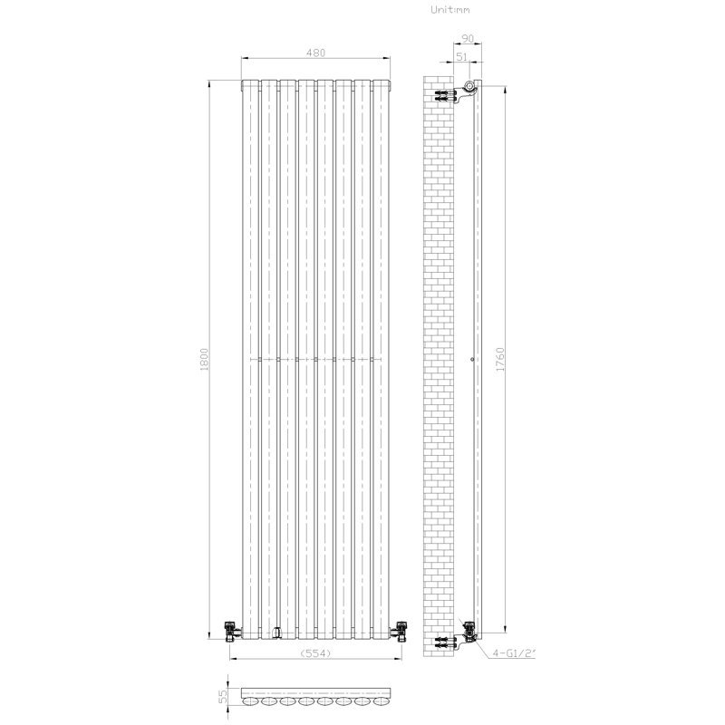 iBathUK Princia Vertical Single Oval Panel Radiator Angled Valve, White, 1800cm H x 480cm W x 55cm D