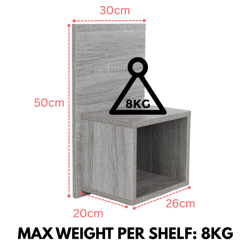 Set of 2 Floating Wall-Mounted Open Bedside Tables, Compact, Grey