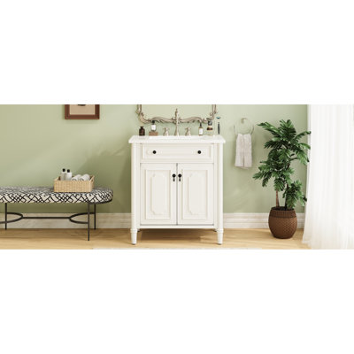 Meuble-lavabo de 31 po avec profil incurvé, lavabo et pieds en bois d'hévéa 31 po pour charnières rectangulaires en céramique à fermeture en douceur