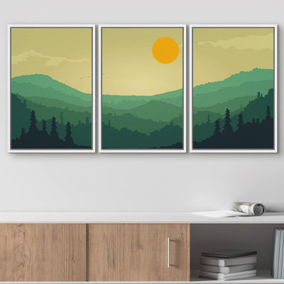 Abstract Mountain " Western Decor Abstract Nature Artwork Illustration VIII Sun And Mountains Minimal Landscape " 3 - Pieces