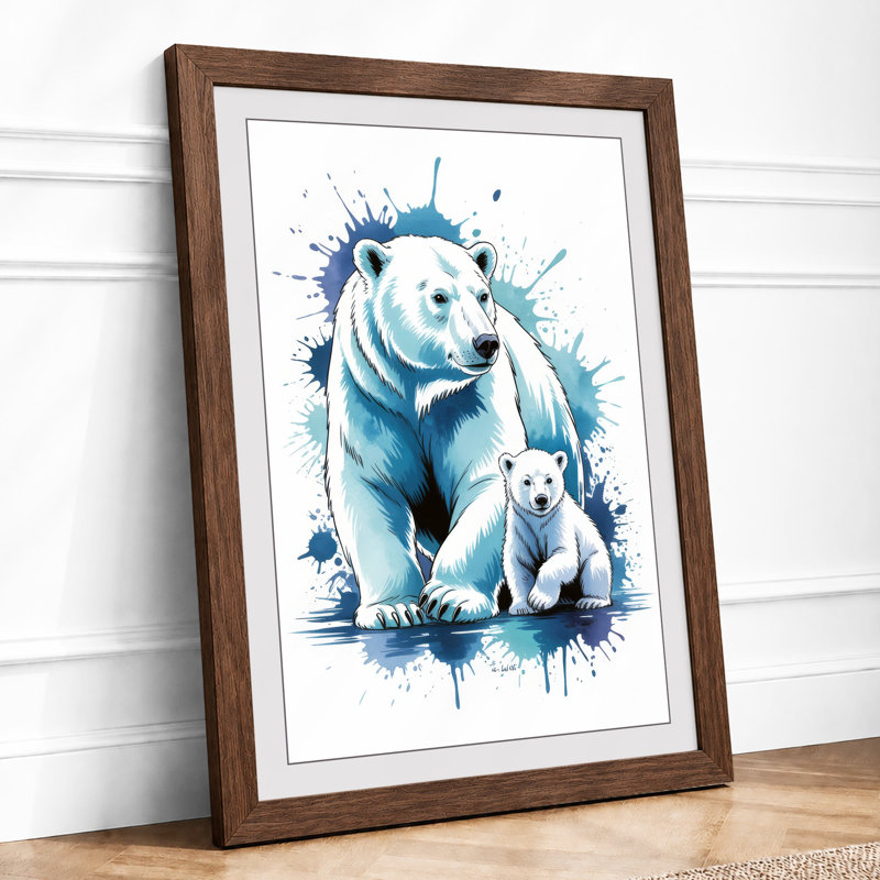 Polar Bears in Blue Modern - Framed Print, A3 - 42.0 x 29.7 cm, Walnut
