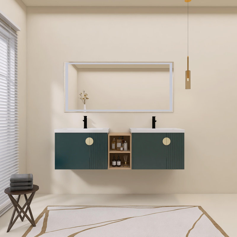 68" Double Sink Wall Mounted Bathroom Vanity, Floating Vanity with 4 Doors, Ceramic Sinks & Storage Shelves, Green