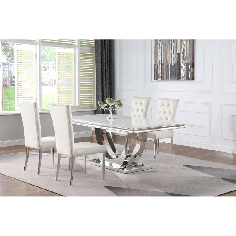 Kerwin Cream White And Chrome 5-Piece Rectangular Dining Table Set, 5 Pieces: Table, 4 Chairs, Cream White