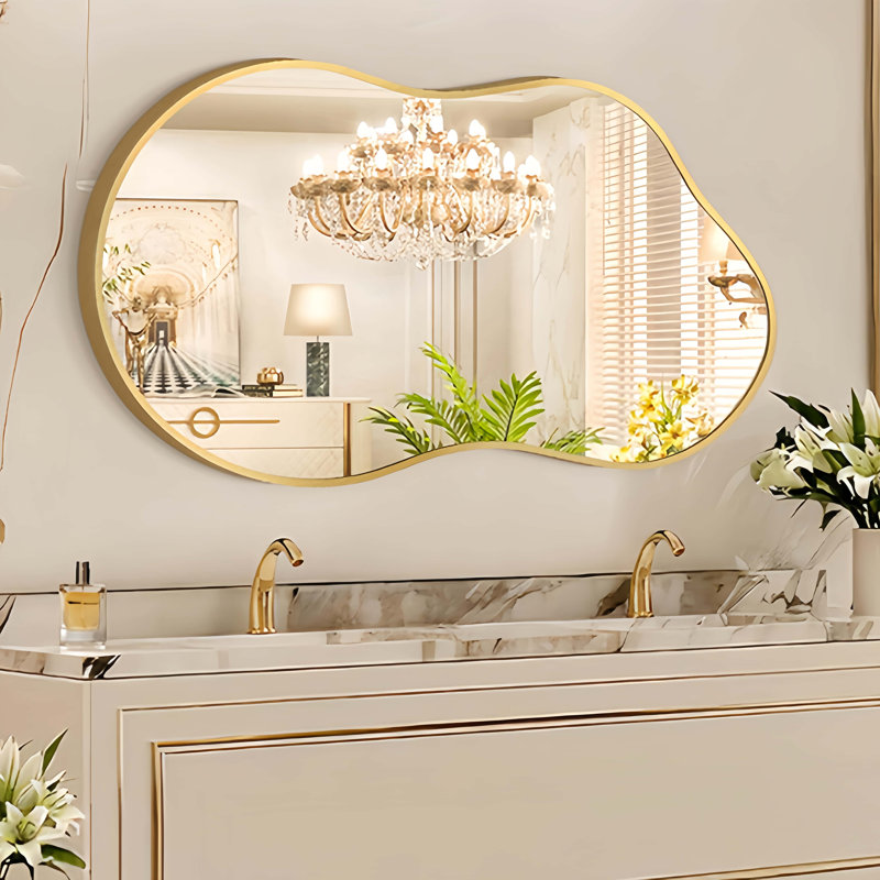 Asymmetrical Metal Framed Wall Mirror, Gold, 36" x 24"