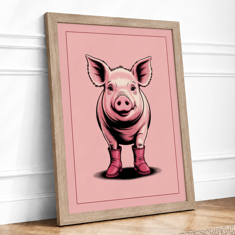 Happy Pig Cartoon - Framed Print, A2 - 59.4 x 42.0 cm, Oak