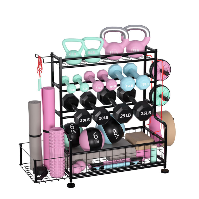 Support de rangement à 4 niveaux pour haltères en acier avec crochets pour accessoires, support de poids mobile thermolaqué pour haltères, kettlebells et équipement de yoga pour la salle de sport et le garage