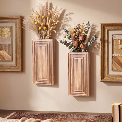 Set Of 2 Wooden Wall Planter Vases, Hanging Boho Farmhouse Wall Decor With Faux Eucalyptus, Modern Rustic Wall Mounted Plant Holders For Living Room, Bedroom, Kitchen And Bathroom