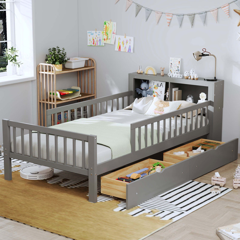 Lit simple gris avec support de tête de lit, 2 tiroirs sous le lit et garde-corps de sécurité à trois côtés, Gris