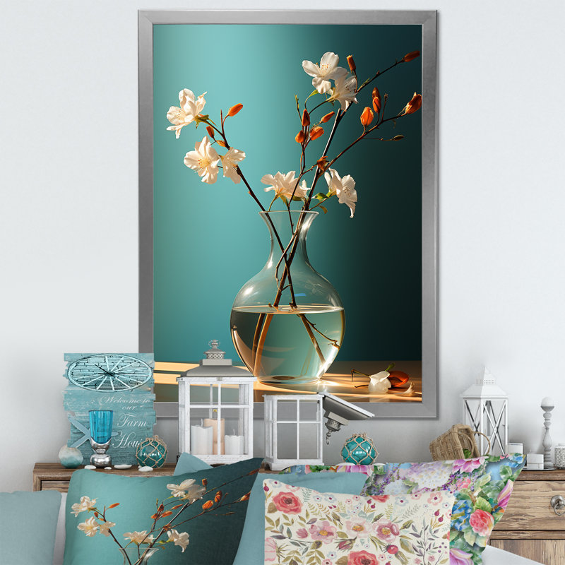 "Turquoise Flower Vase Tranquility I", reproduction d'art sur toile, Cadre simple argenté, H 32 po x l 24 po x P 1 po
