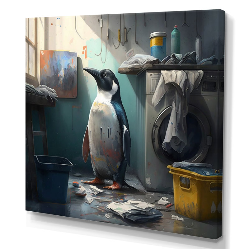 Mignon pingouin faisant la lessive - animaux, art mural sur toile, H 16 po x l 16 po x P 1 po