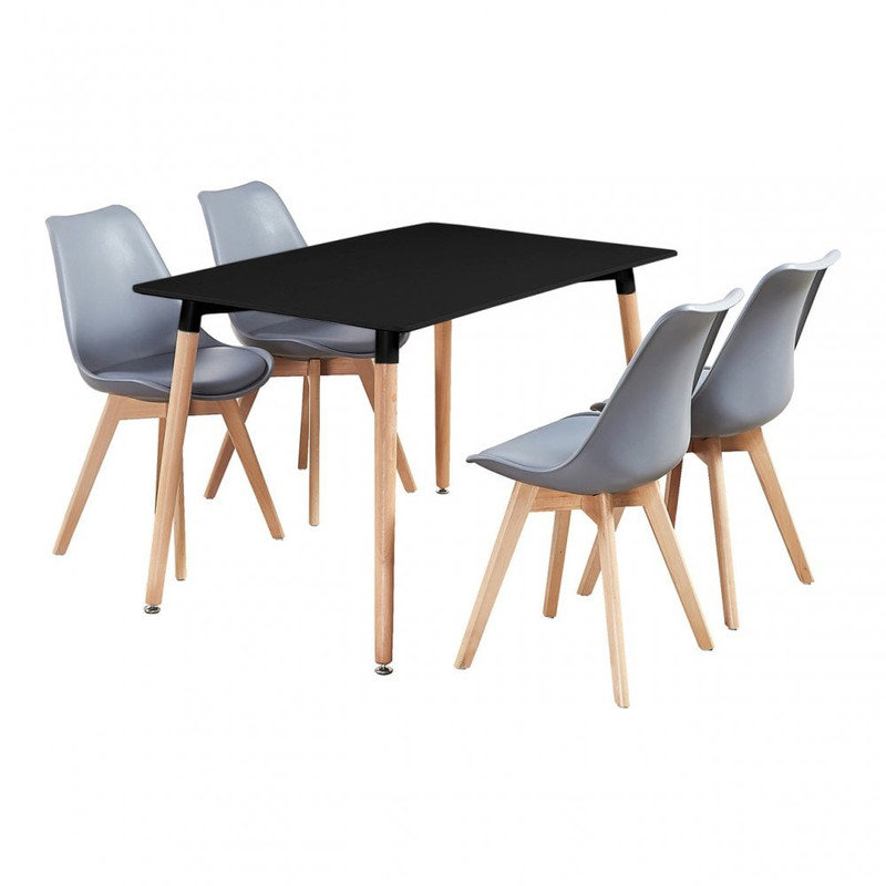 Suellen 4 Person Dining set - a Rectangular Plastic Dining Table with Wooden Legs and a Set of 4 Faux Leather Cushion Padded Dining Chairs for Dining Room - Modern Dining Table Set