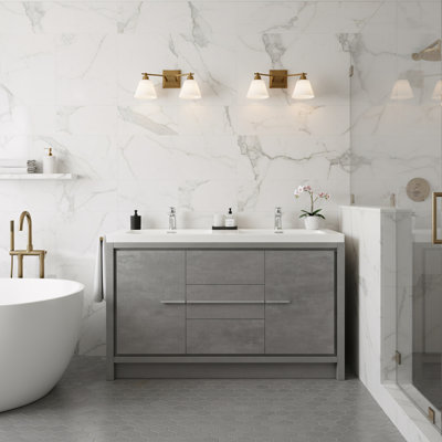 Meuble-lavabo à 2 portes et 3 tiroirs l 60 po x P 20 po Prarthana avec double lavabo et comptoir en acrylique