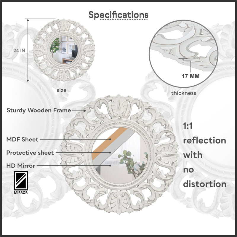 Miroir mural sculpté | Miroirs ronds pour salle de bain, salon, chambre à coucher, couloir, entrée et tout espace | Rond 24 po x 24 po / blanc