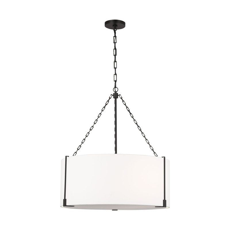 Thom Filicia Bergen 3 Light Dining Room Pendant With White Linen Shade, Aged Iron