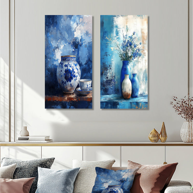 Ensemble de 2 pièces d'art mural bleu et blanc Boho Pottery I - Boho Pottery, Toile tendue, H 28 po x l 24 po
